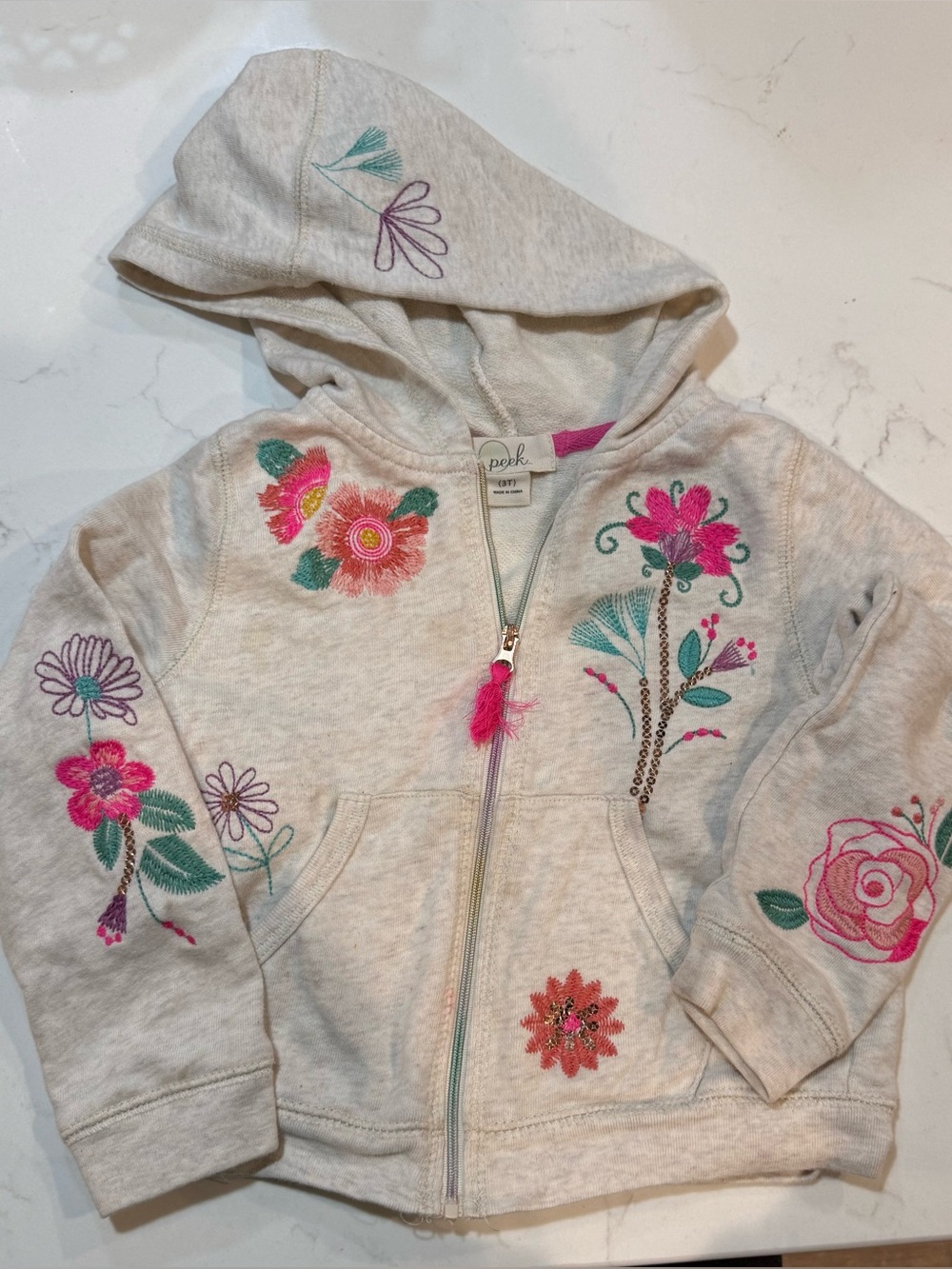 Peek Floral Embroidered Cream Zip Hoodie for Kids